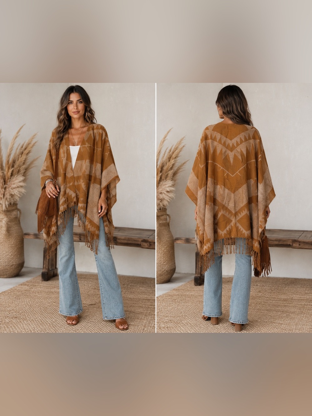 Treasure & Bond Southwestern Geometric Fringe Poncho Wrap Camel Brown One Size